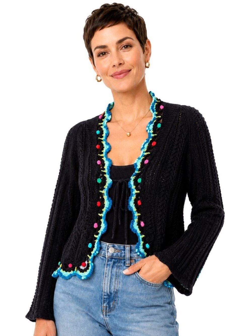 Vintage Relativity Black Cotton Crochet Tie-Front Cardigan Sweater